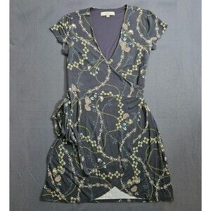 LOFT Women S Gray Multicolor Floral Short Sleeve Wrap Dress Boho